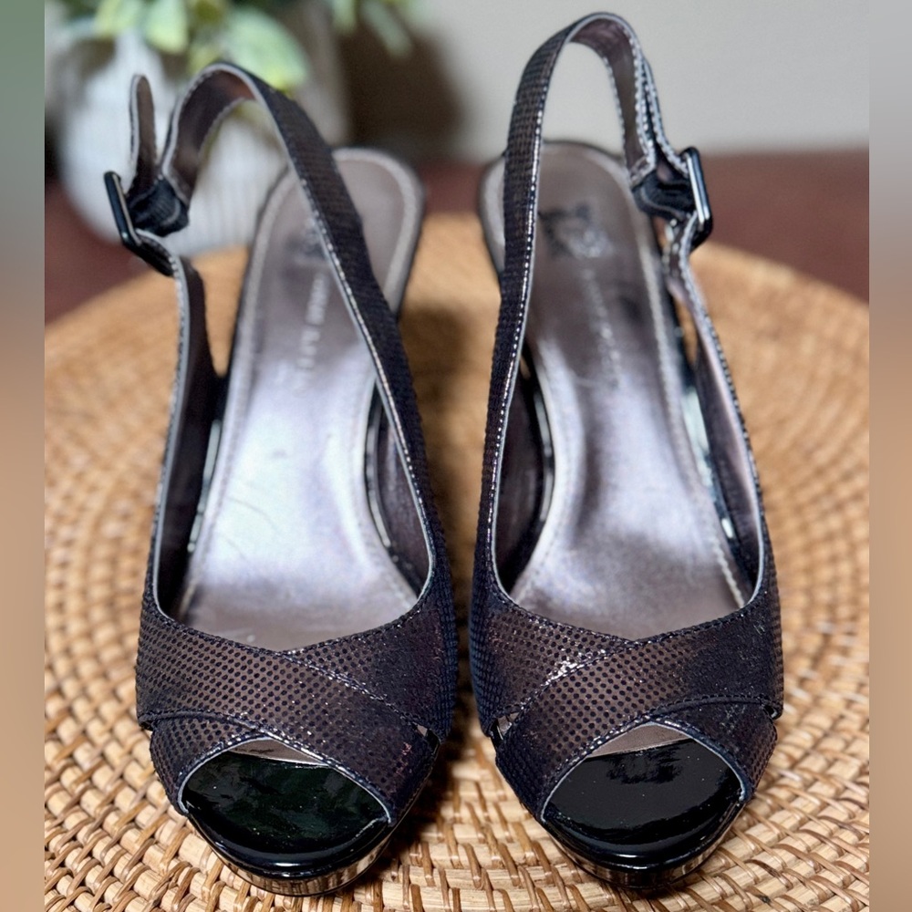 Anne Klein Dark Bronze Peep-Toe Slingback Heels